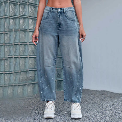 Women's Mid Rise Cropped Barrel Leg Stretch Denim Jeans with Relaxed Streetwear Fit