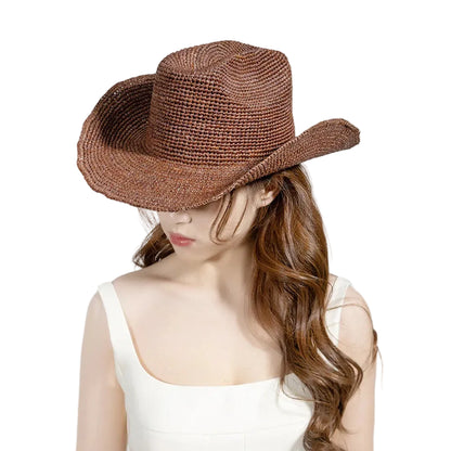 Unisex Handwoven Raffia Cowboy Hat with Wide Brim for Beach and Outdoor Summer Style