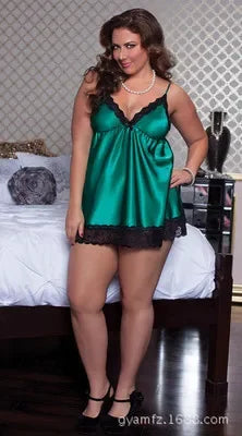 Vibrant Green Satin-Finish Slip Nightdress with Black Lace Trim