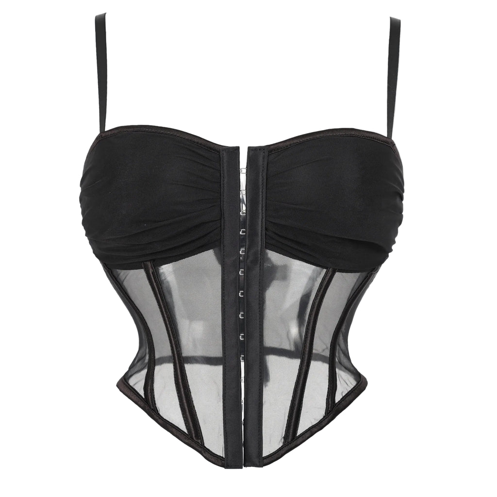 Modern Black Sheer Mesh Bustier with Ruched Cups and Front Hook Closure