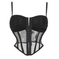 Modern Black Sheer Mesh Bustier with Ruched Cups and Front Hook Closure