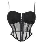 Modern Black Sheer Mesh Bustier with Ruched Cups and Front Hook Closure