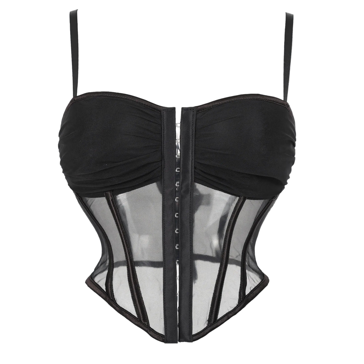 Modern Black Sheer Mesh Bustier with Ruched Cups and Front Hook Closure