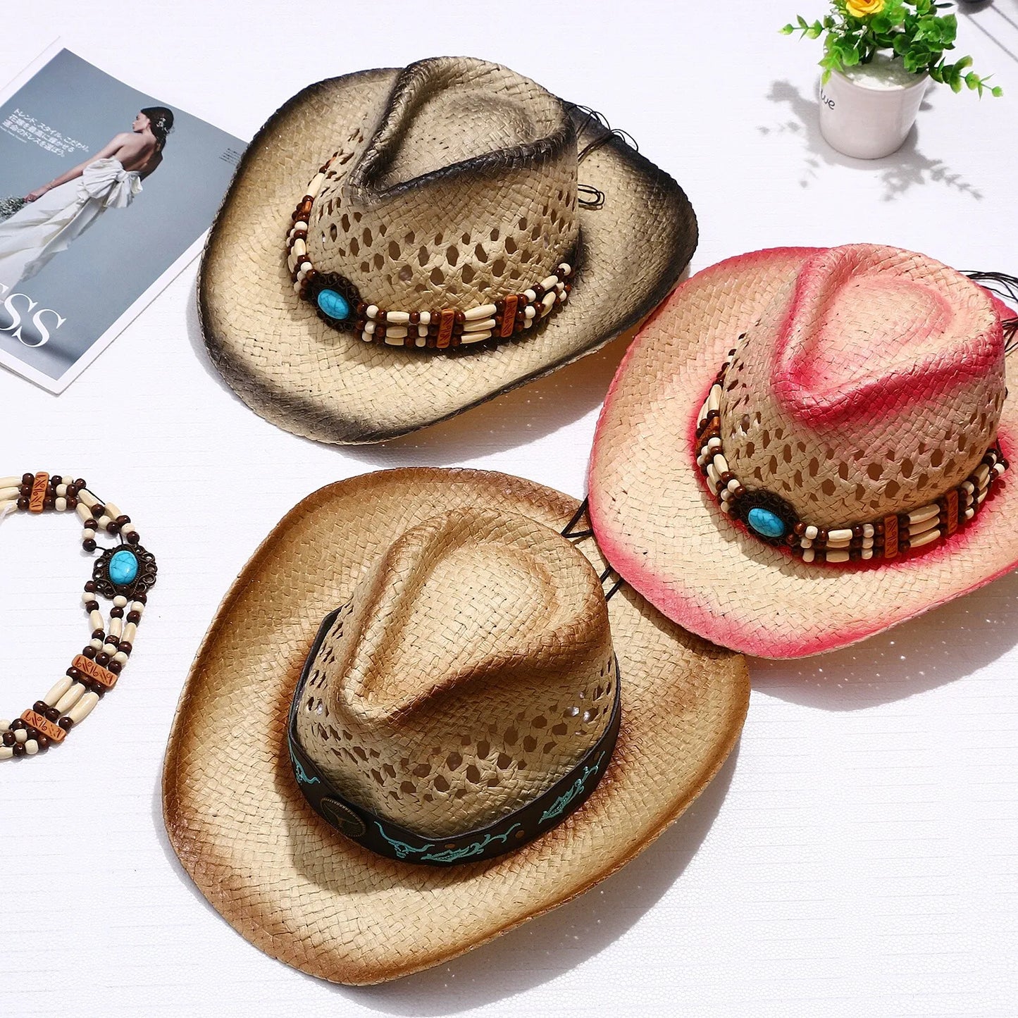Wide Brim Straw Cowboy Hat with Decorative Band for Summer Outdoor and Festival Style
