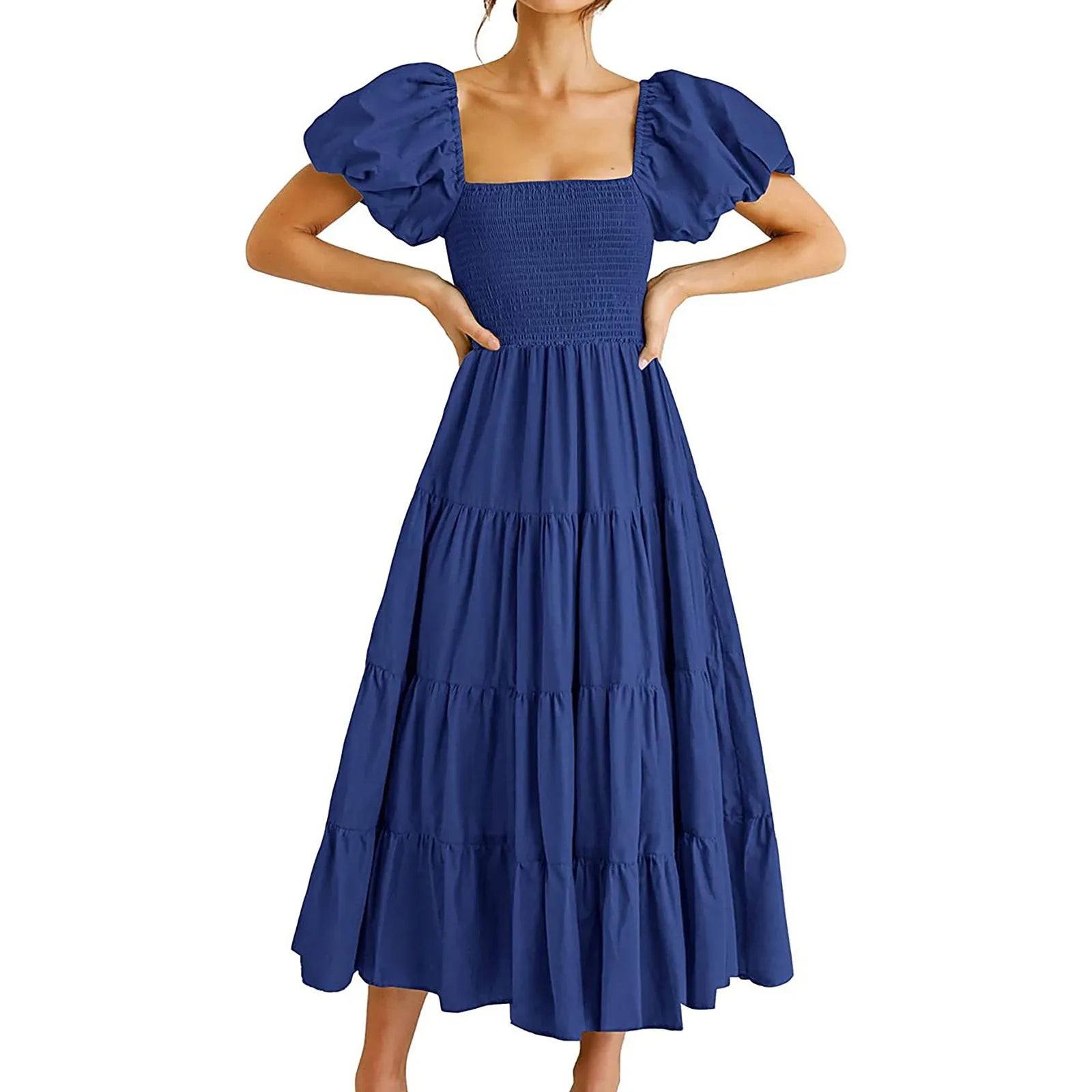 Square Neck Midi Dress with Puff Sleeves and Open Back Design
