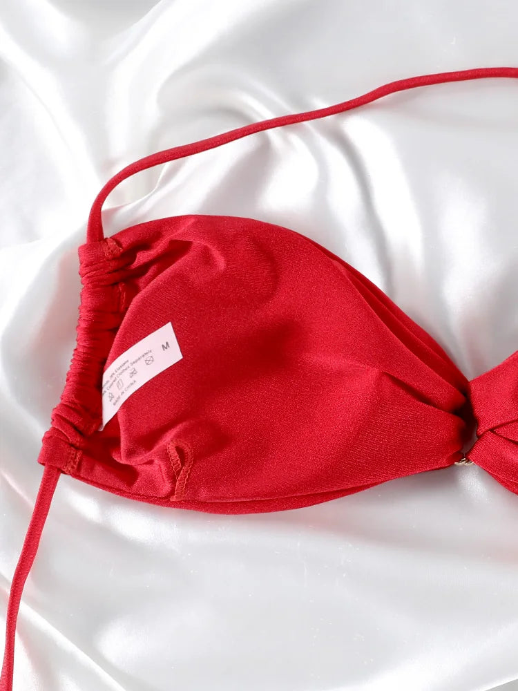 Rich Crimson Red Halter Bikini Set with Underwire Support and Side Ties