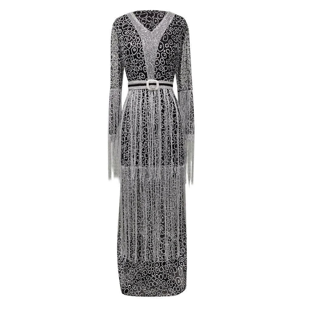 Sequin Fringe Maxi Dress with Long Sleeves and Figure-Hugging Silhouette