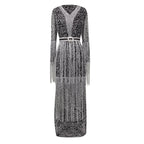 Sequin Fringe Maxi Dress with Long Sleeves and Figure-Hugging Silhouette
