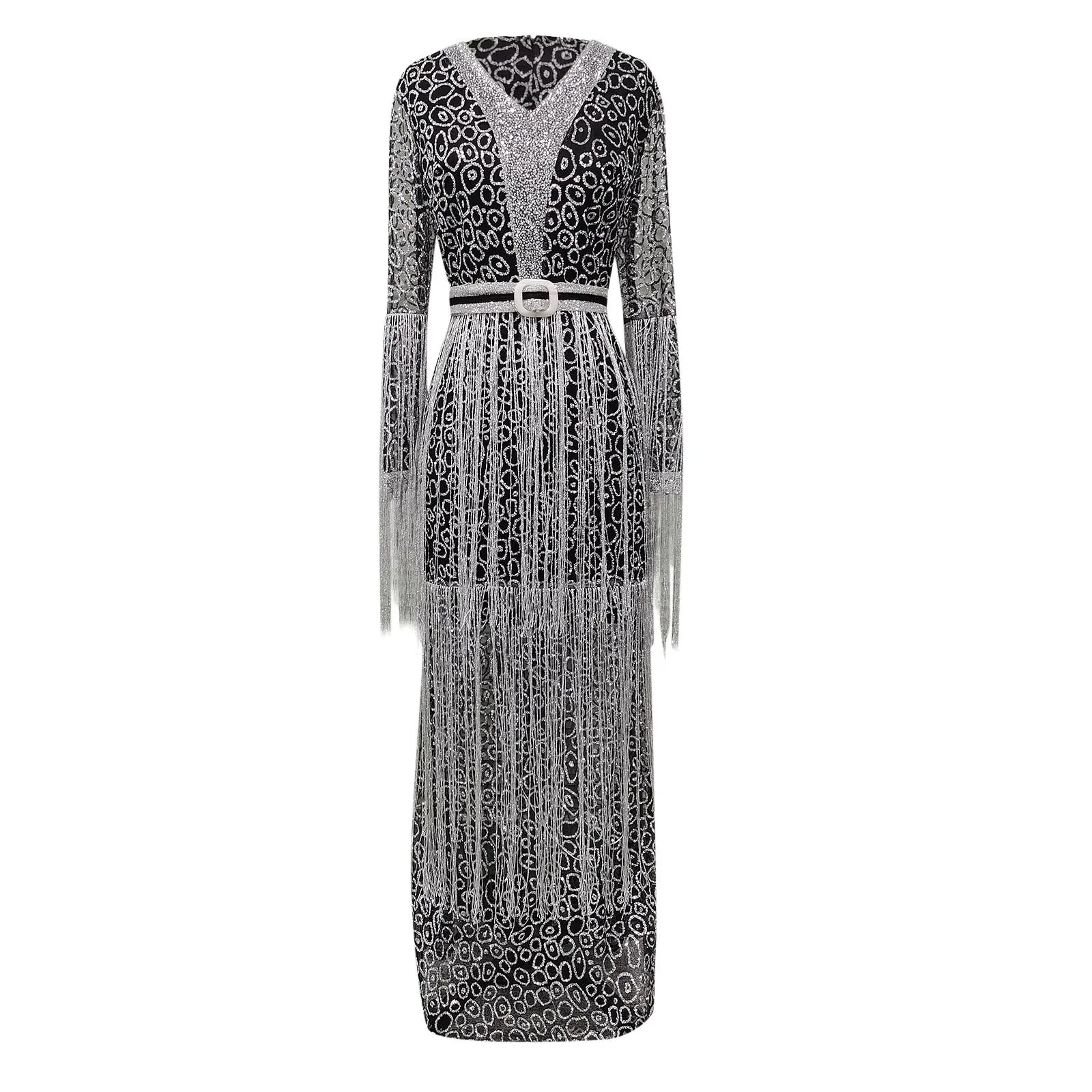 Sequin Fringe Maxi Dress with Long Sleeves and Figure-Hugging Silhouette