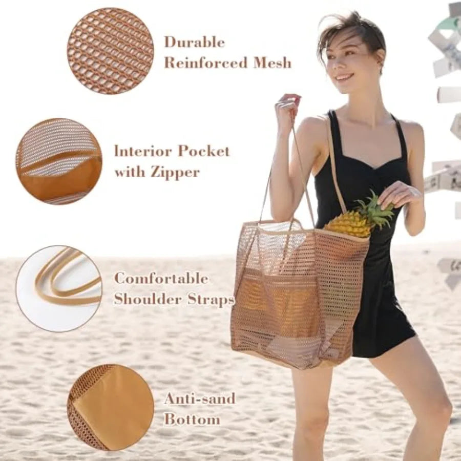 Open Weave Beach Tote Shoulder Bag with Lightweight Carry Design