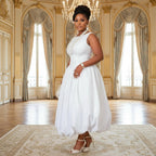 Elegant White Sleeveless Midi Dress with Voluminous Bubble Hem