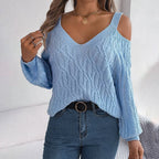 Women's Off Shoulder Cable Knit Sweater with Relaxed V Neck Silhouette