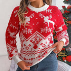 Women's Festive Fair Isle Pattern Crew Neck Relaxed Knit Pullover Sweater
