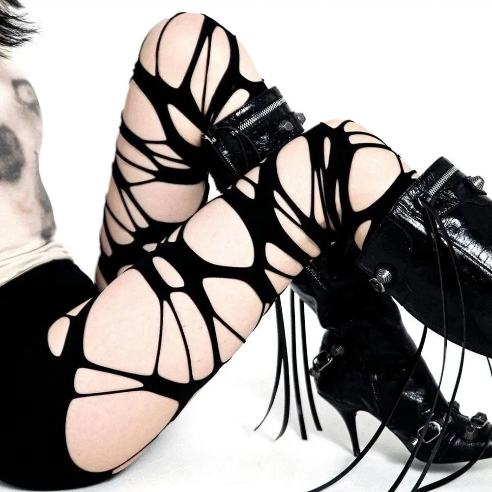 Ripped High Waist Fishnet Tights Punk Y2K Alternative Fashion Hosiery