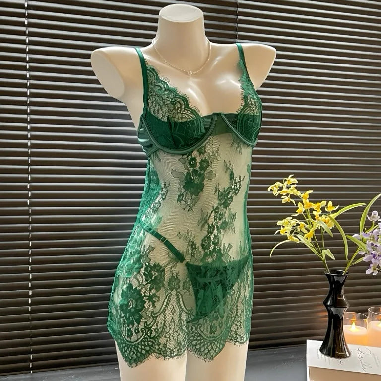 Emerald Green Sheer Floral Lace Mini Dress with Defined Cups