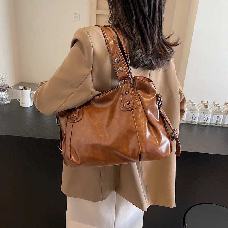 Large Capacity PU Leather Hobo Tote Bag with Soft Shoulder Design