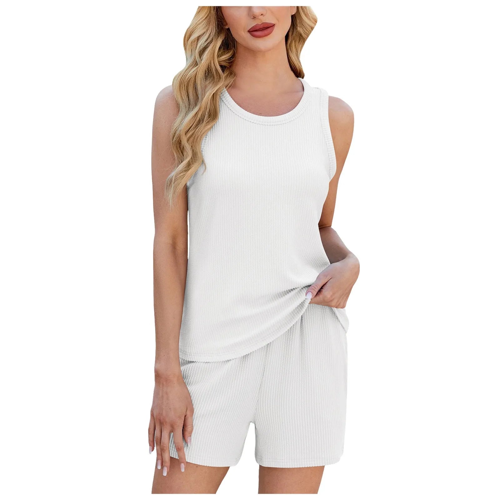 Ribbed Sleeveless Top and Drawstring Shorts Casual Co-Ord Set