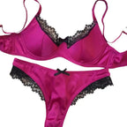 Vibrant Magenta Satin-Finish Wire-Free Bra and Panty Set with Black Lace Trim