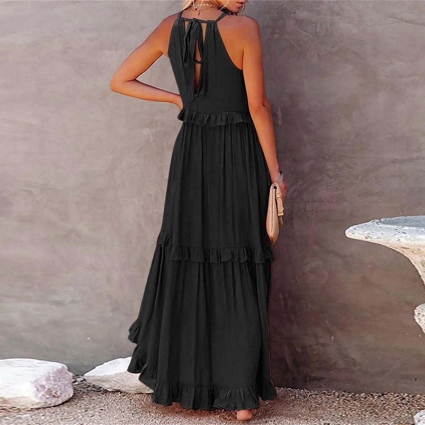 Tiered Ruffle Hem Flowing Feminine Alternative Maxi Dress