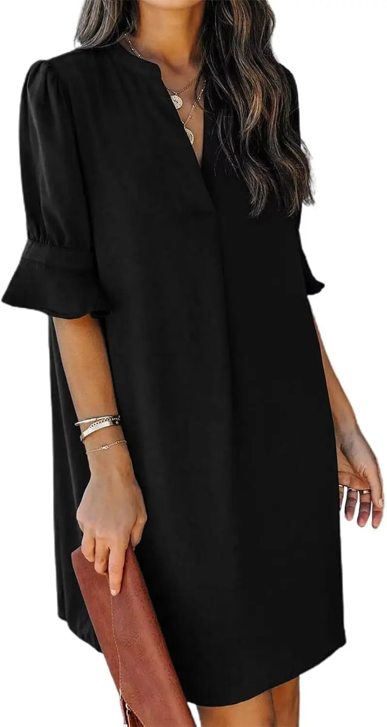 Oversized V-Neck Mini Dress with Ruffle Sleeves Contemporary Casual Streetwear Style