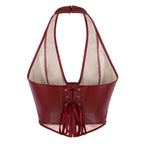 Sleek Burgundy Faux Leather Halter Vest with Front Hook Closure