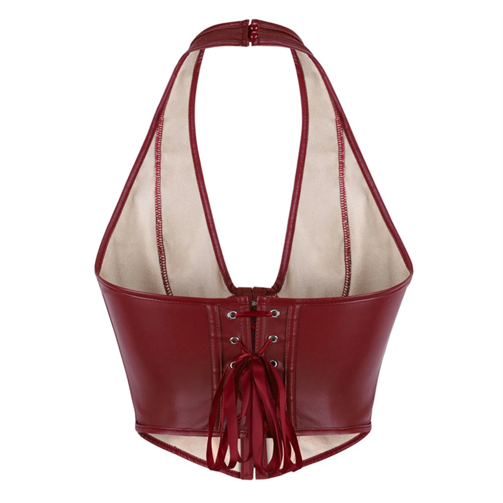 Sleek Burgundy Faux Leather Halter Vest with Front Hook Closure