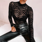 Sheer Zebra Pattern Mesh Long Sleeve Mock Neck Alternative Bodysuit