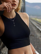 Ribbed Halter Crop Top with Stretch Knit Slim Fit Contemporary Streetwear Style