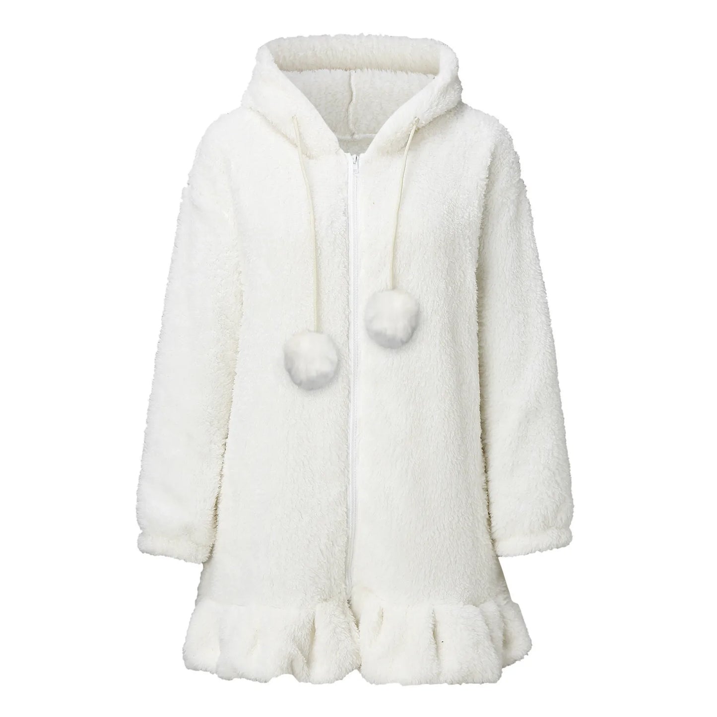 Women's Oversized Plush Zip Hoodie with Decorative Pom Details for Cozy Casual Style
