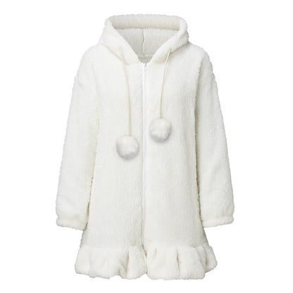 Women's Oversized Plush Zip Hoodie with Decorative Pom Details for Cozy Casual Style