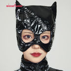 Women's Zip Front Faux Leather Catsuit with Corset, Gloves and Hooded Headpiece Set