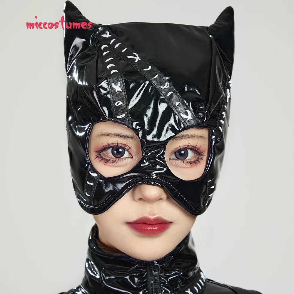Women's Zip Front Faux Leather Catsuit with Corset, Gloves and Hooded Headpiece Set