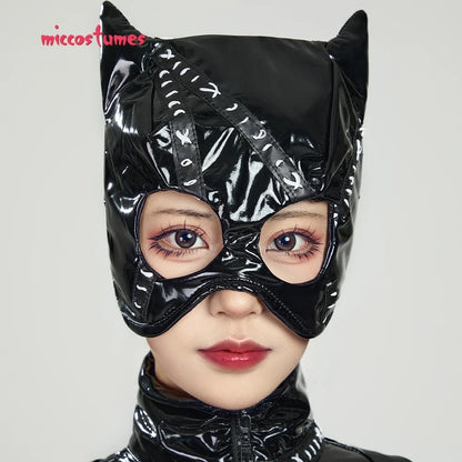 Women's Zip Front Faux Leather Catsuit with Corset, Gloves and Hooded Headpiece Set