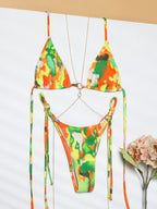 Vintage-Inspired Warm Floral Print Triangle String Bikini
