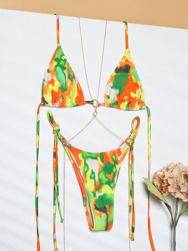 Vintage-Inspired Warm Floral Print Triangle String Bikini