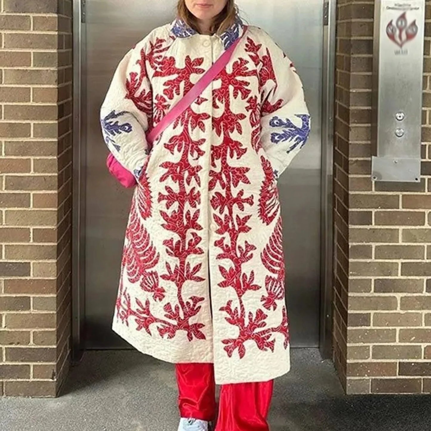 Women's Printed Quilted Hooded Padded Coat Relaxed Winter Casual Long Outerwear Jacket