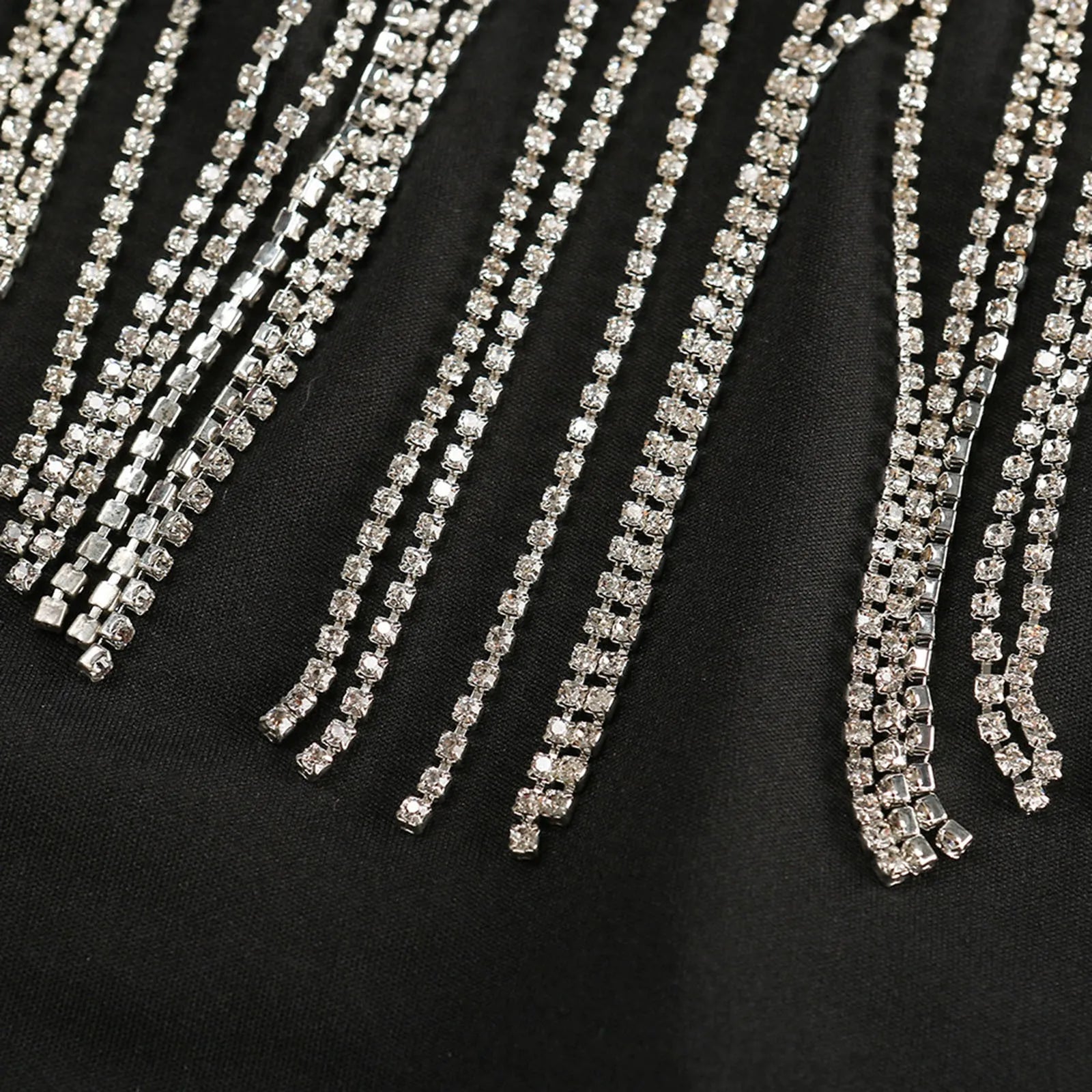 Rhinestone Fringe Bustier Crop Top with Spaghetti Straps and Glam Party Styling