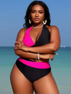 Black and Neon Pink Colorblock Two-Piece Bikini Set with Criss-Cross Halter Top and High-Waisted Contrast Bottom