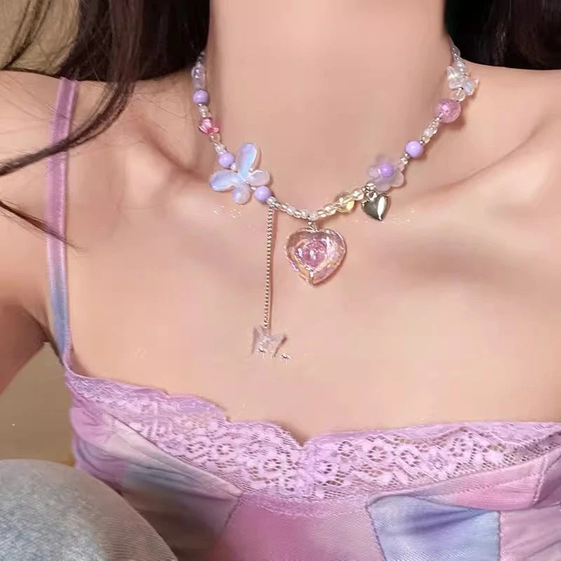 Butterfly Heart Charm Choker Necklace for Y2K and Dark Feminine Styling