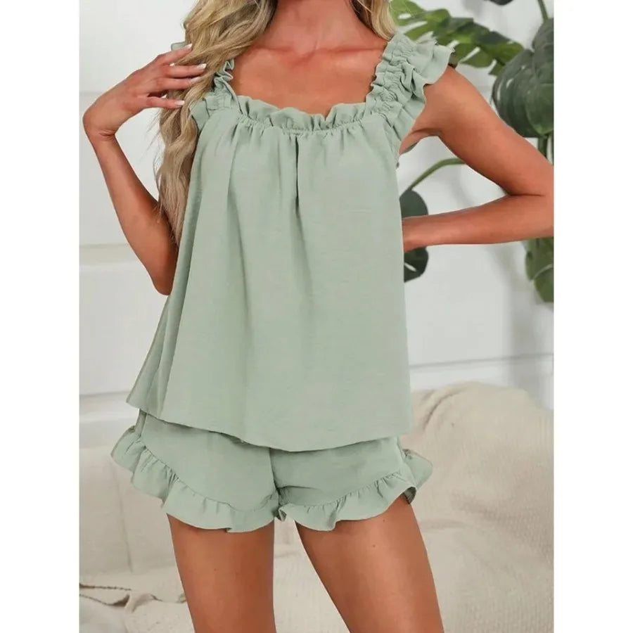 Women's Contrast-Piping Satin-Look Pajama Set, Sleeveless Top and Matching Ankle-Length Pants, Elegant Coordinated Nightwear