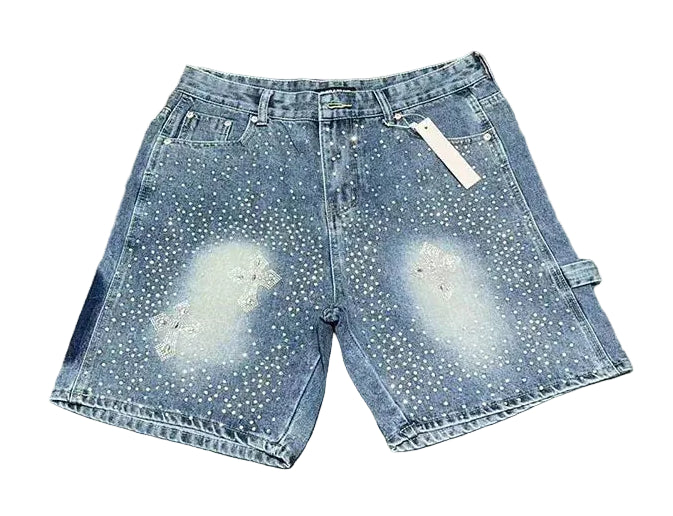 Men's Distressed Denim Shorts with Decorative Rhinestone Details and Modern Streetwear Style