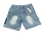 Men's Distressed Denim Shorts with Decorative Rhinestone Details and Modern Streetwear Style
