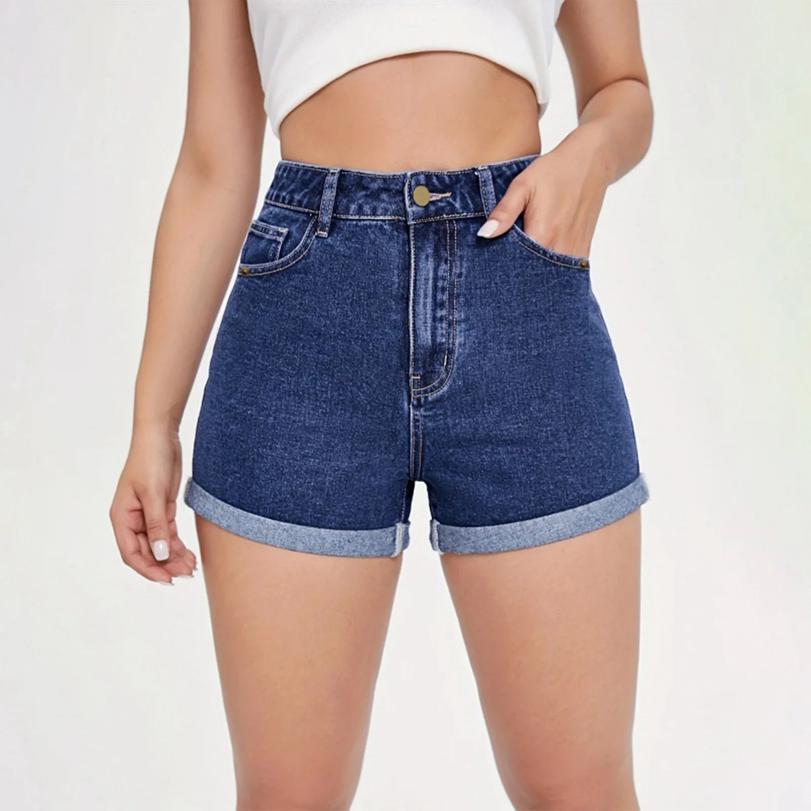 Women's High Waist Denim Style Shorts with Raw Hem Relaxed Contemporary Streetwear Design