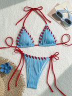 Textured Cream Triangle String Bikini with Shell-Inspired Embellishments