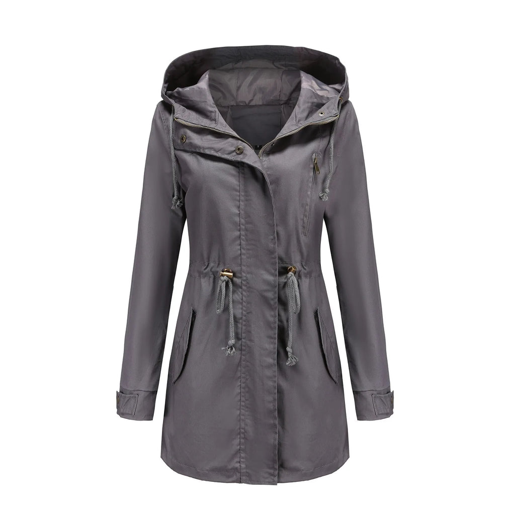 Women's Hooded Drawstring Longline Windbreaker Jacket with Lightweight Streetwear Outdoor Style