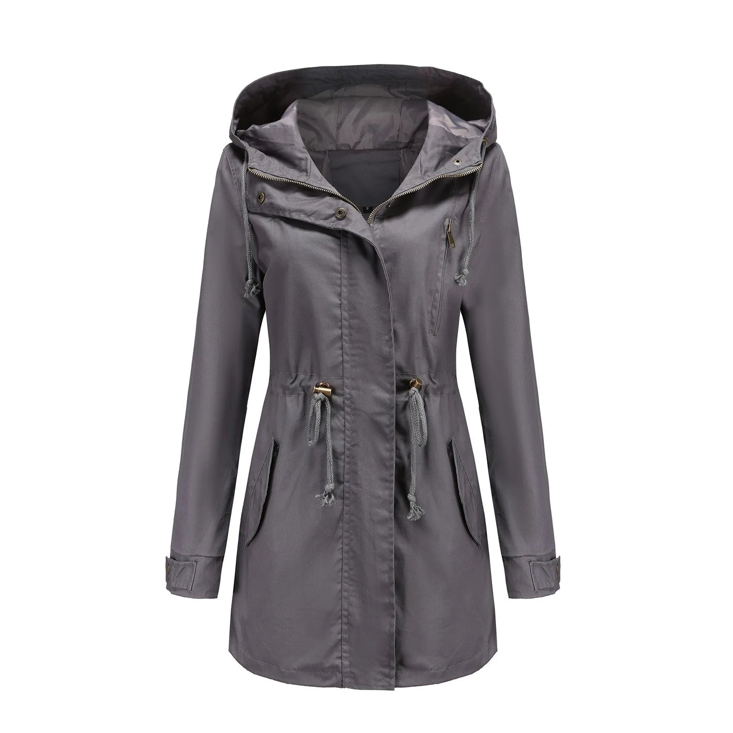 Women's Hooded Drawstring Longline Windbreaker Jacket with Lightweight Streetwear Outdoor Style
