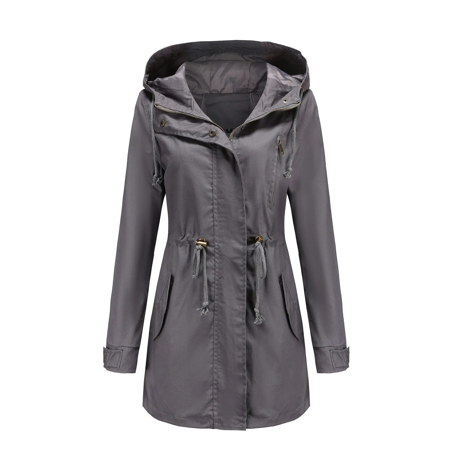 Women's Hooded Drawstring Longline Windbreaker Jacket with Lightweight Streetwear Outdoor Style