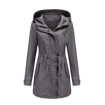 Women's Hooded Drawstring Longline Windbreaker Jacket with Lightweight Streetwear Outdoor Style