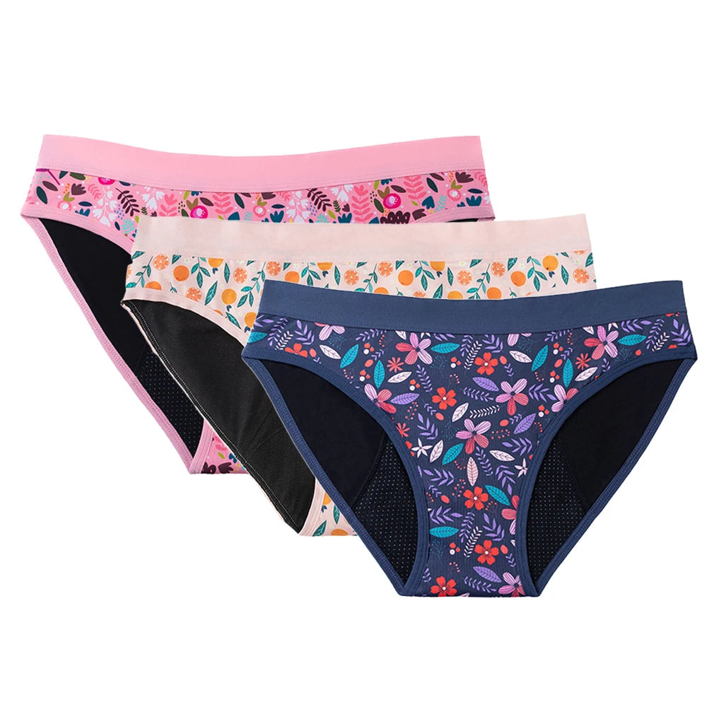 Three-Piece Floral Print Menstrual Brief Set with Contrast Waistbands