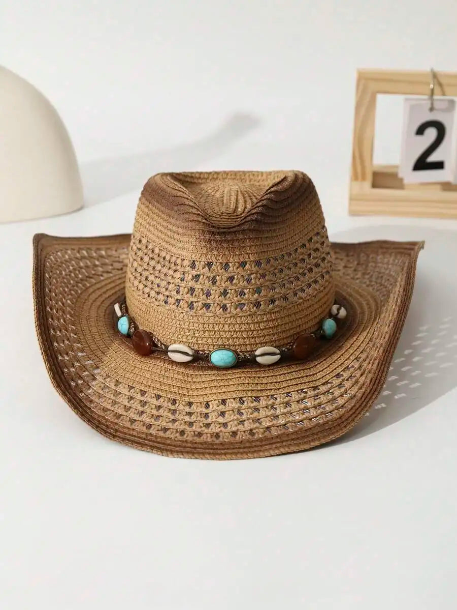 Unisex Wide Brim Straw Cowboy Hat with Decorative Beaded Trim for Outdoor Summer Adventures